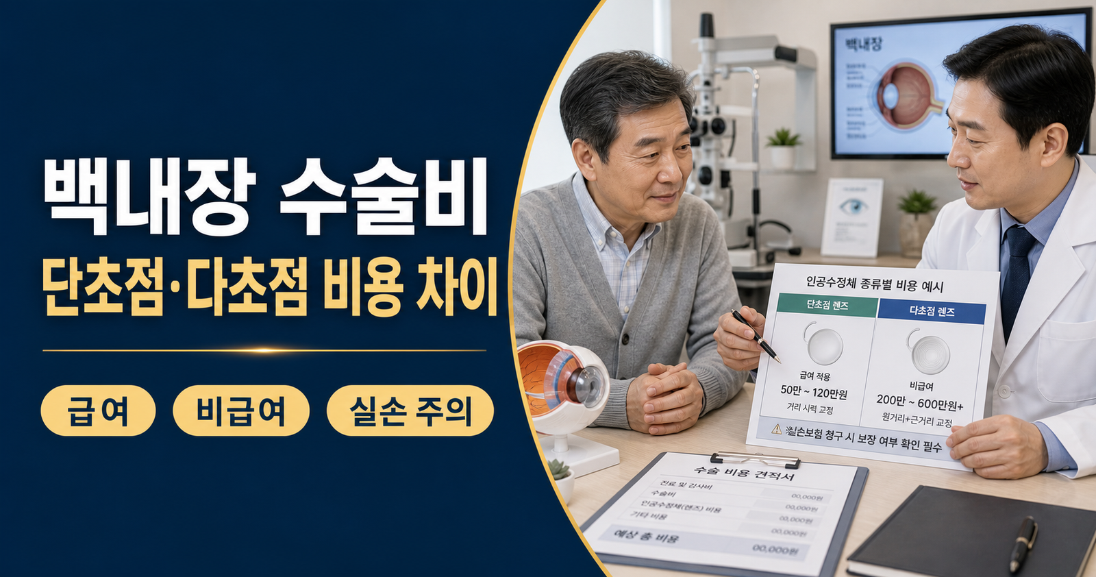 백내장 수술비 단초점 다초점 렌즈 실손보험 주의사항 설명 이미지