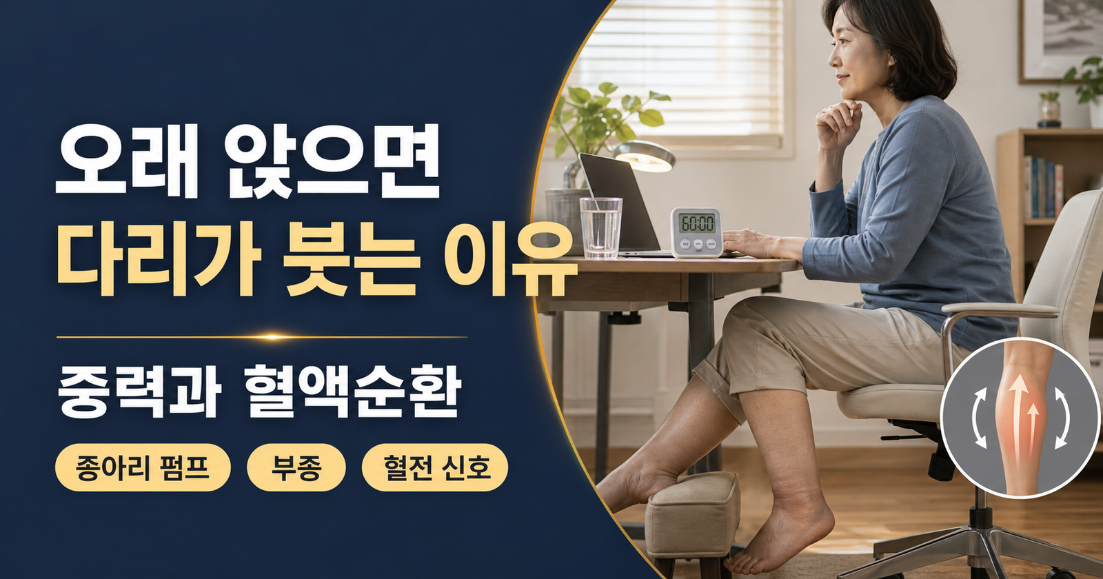 오래 앉아 있으면 다리가 붓는 이유와 혈액순환 중력 설명 이미지