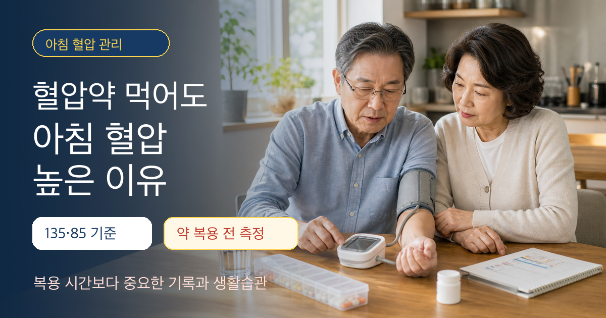 혈압약을 먹어도 아침 혈압이 높은 이유와 복용 시간 생활습관을 설명하는 이미지