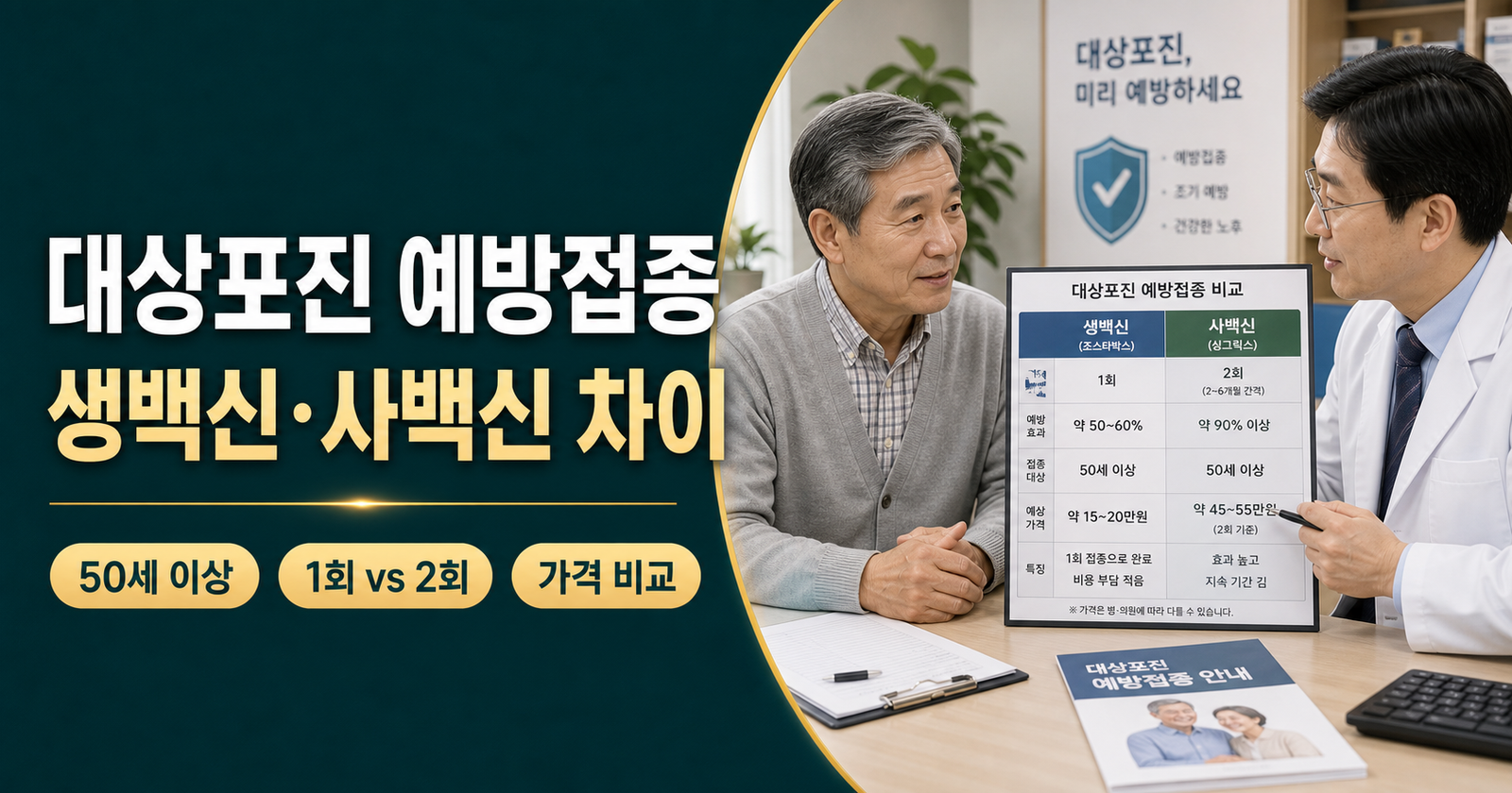 대상포진 예방접종 생백신 사백신 가격과 접종 나이 차이 설명 이미지