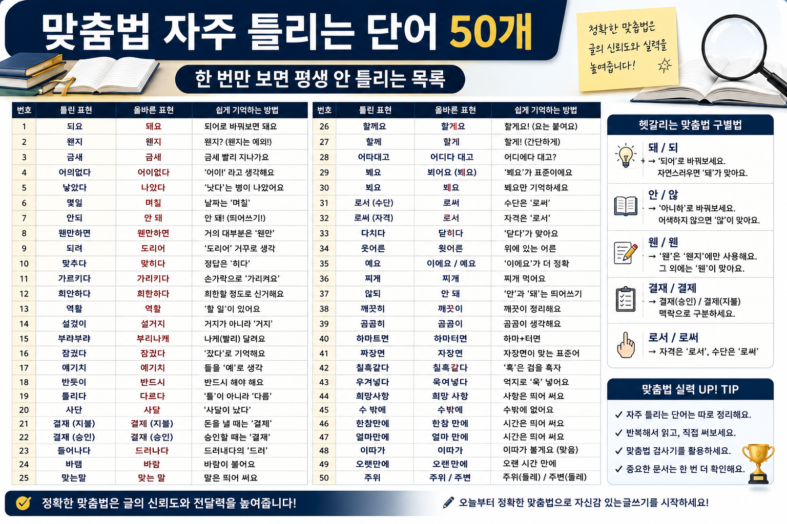 맞춤법 자주 틀리는 단어 50개 – 한 번만 보면 평생 안 틀리는 목록