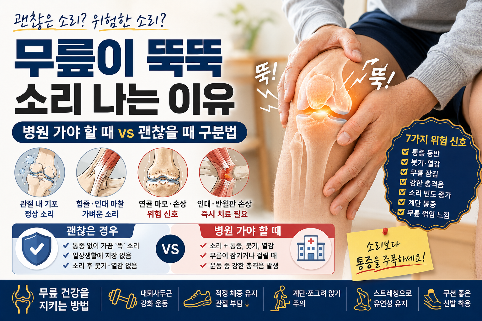 무릎이 뚝뚝 소리 나는 이유, 병원 가야 할 때 vs 괜찮을 때 구분법