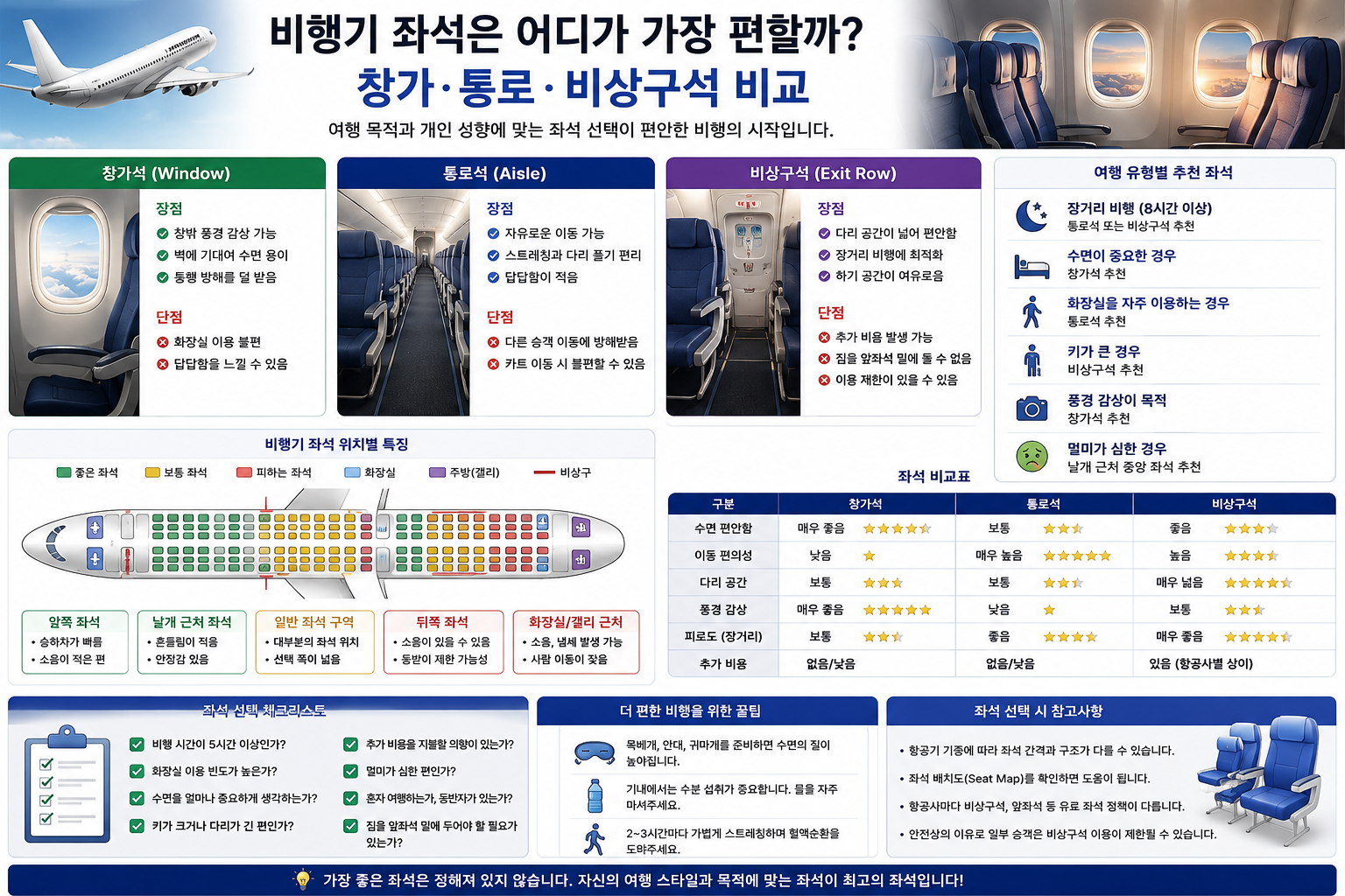 비행기 좌석은 어디가 가장 편할까? 창가·통로·비상구석 비교