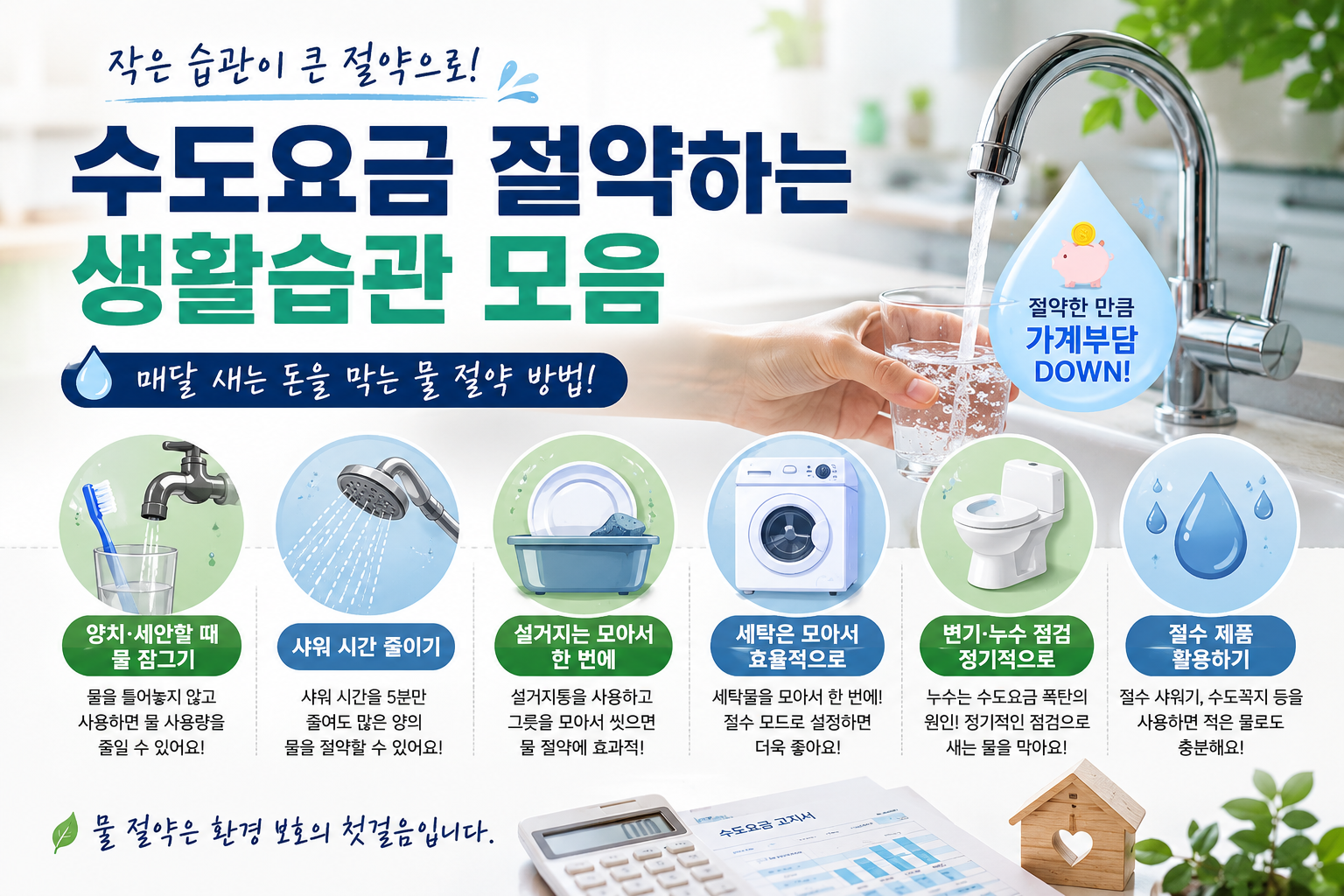 수도요금 절약하는 생활습관 모음, 매달 새는 돈 막는 물 절약 방법
