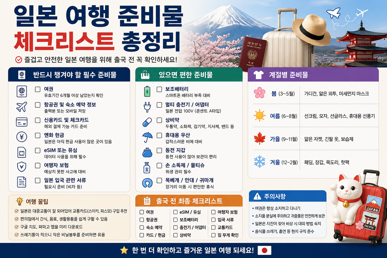 일본 여행 준비물 체크리스트 총정리, 출국 전 꼭 챙겨야 할 필수품