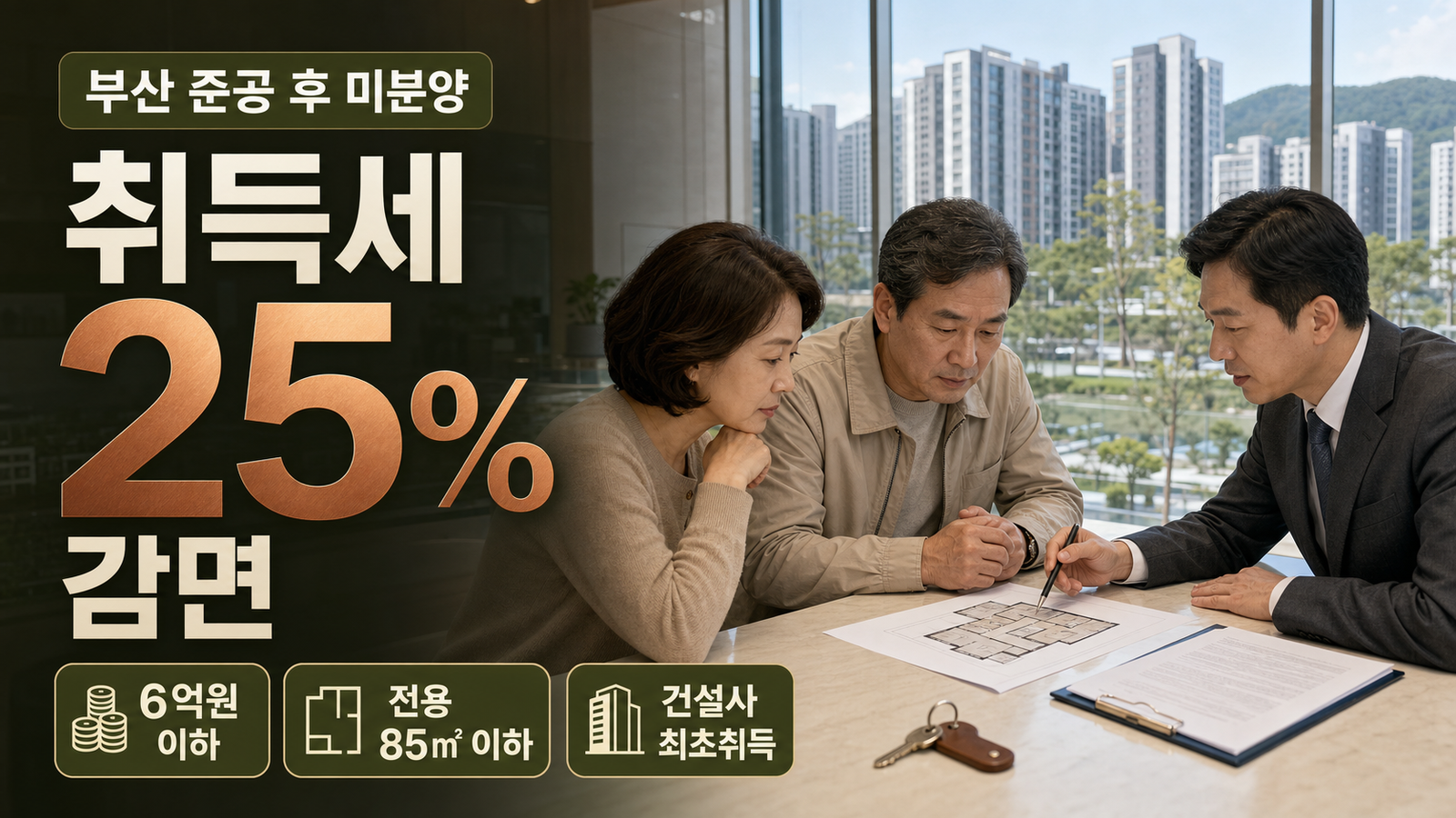 부산 준공 후 미분양 아파트 취득세 25퍼센트 감면과 6억원 85제곱미터 조건 안내 이미지