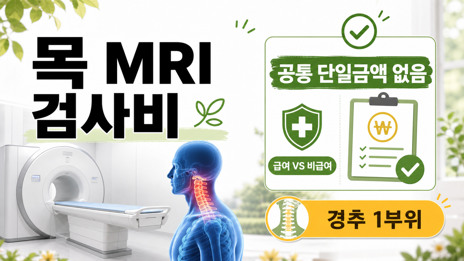 목 MRI 검사비 공통 단일금액 없음과 경추 1부위 급여 기준을 설명하는 썸네일