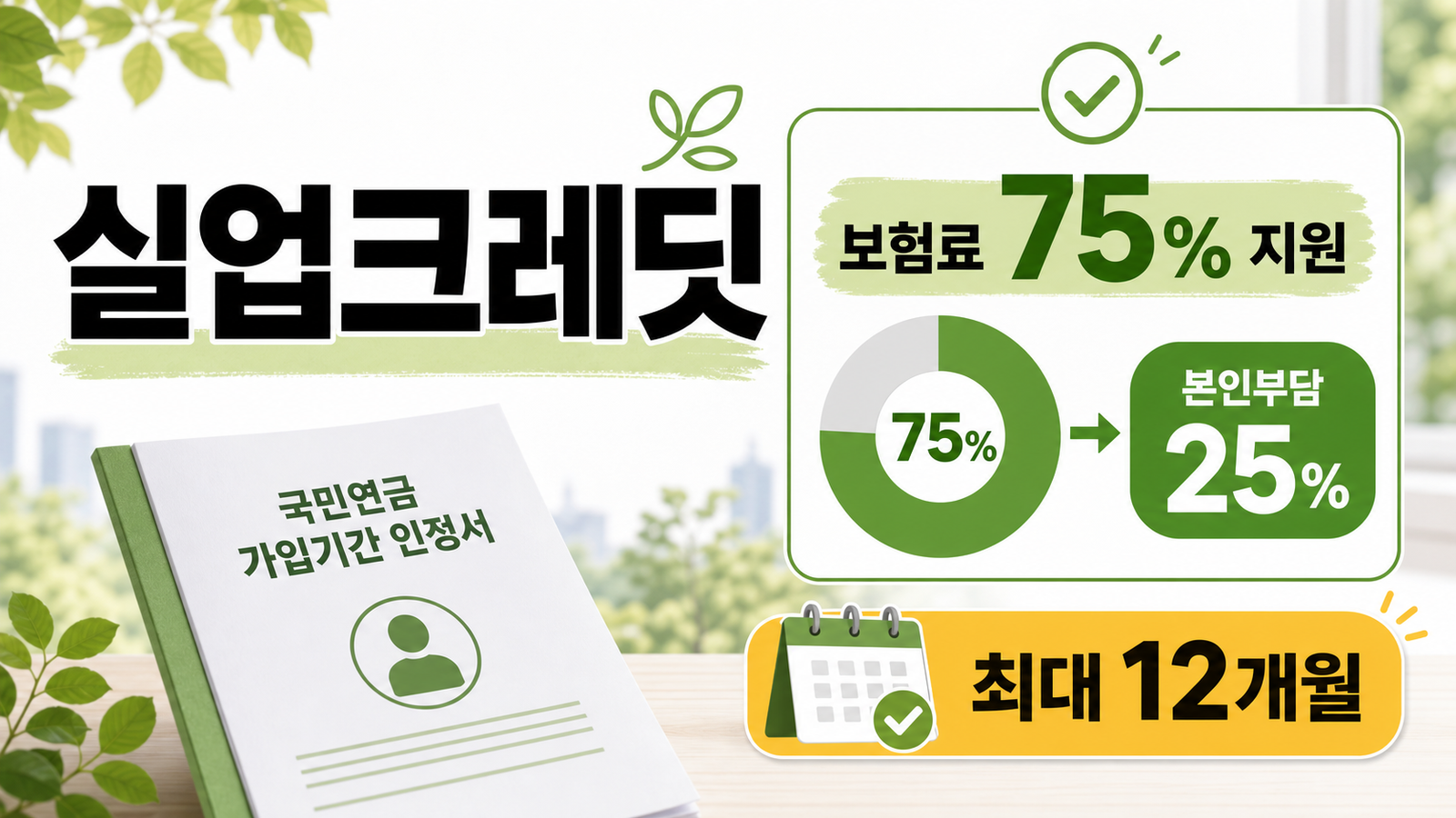 국민연금 실업크레딧 보험료 75퍼센트 지원과 최대 12개월 기준을 설명하는 썸네일