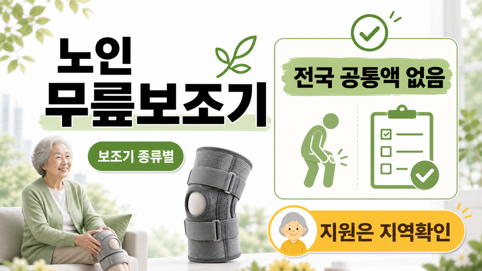 노인 무릎보조기 전국 공통액 없음과 지역 지원 기준을 설명하는 썸네일