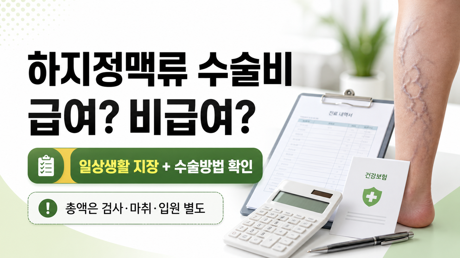 하지정맥류 수술비와 건강보험 급여 비급여 구분 기준을 설명하는 썸네일