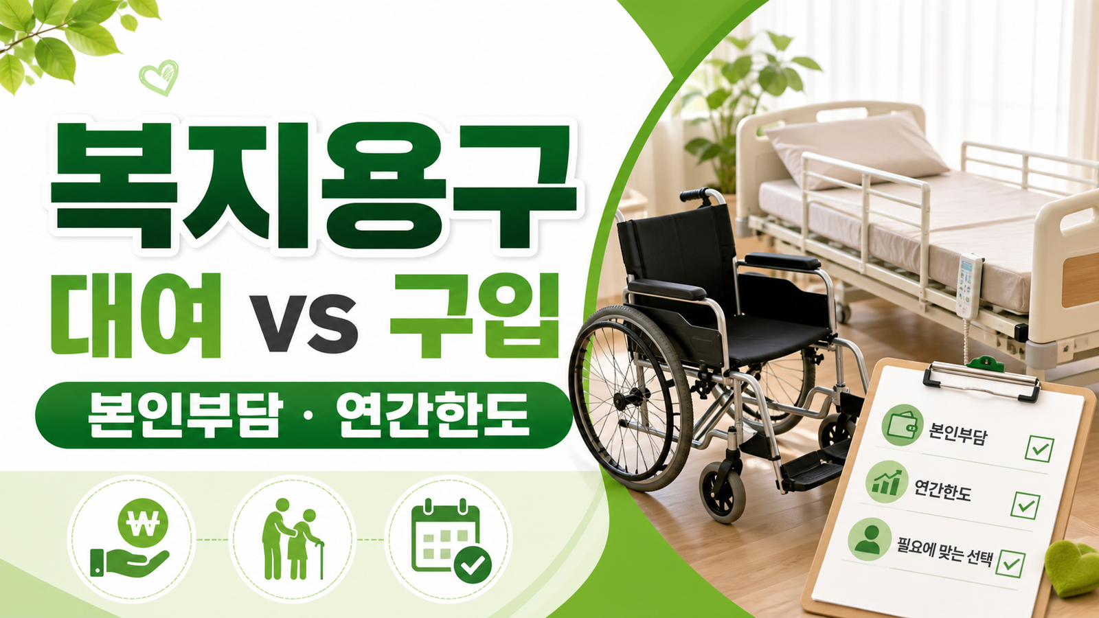 장기요양 복지용구 대여와 구입 본인부담 및 이용한도를 설명하는 썸네일
