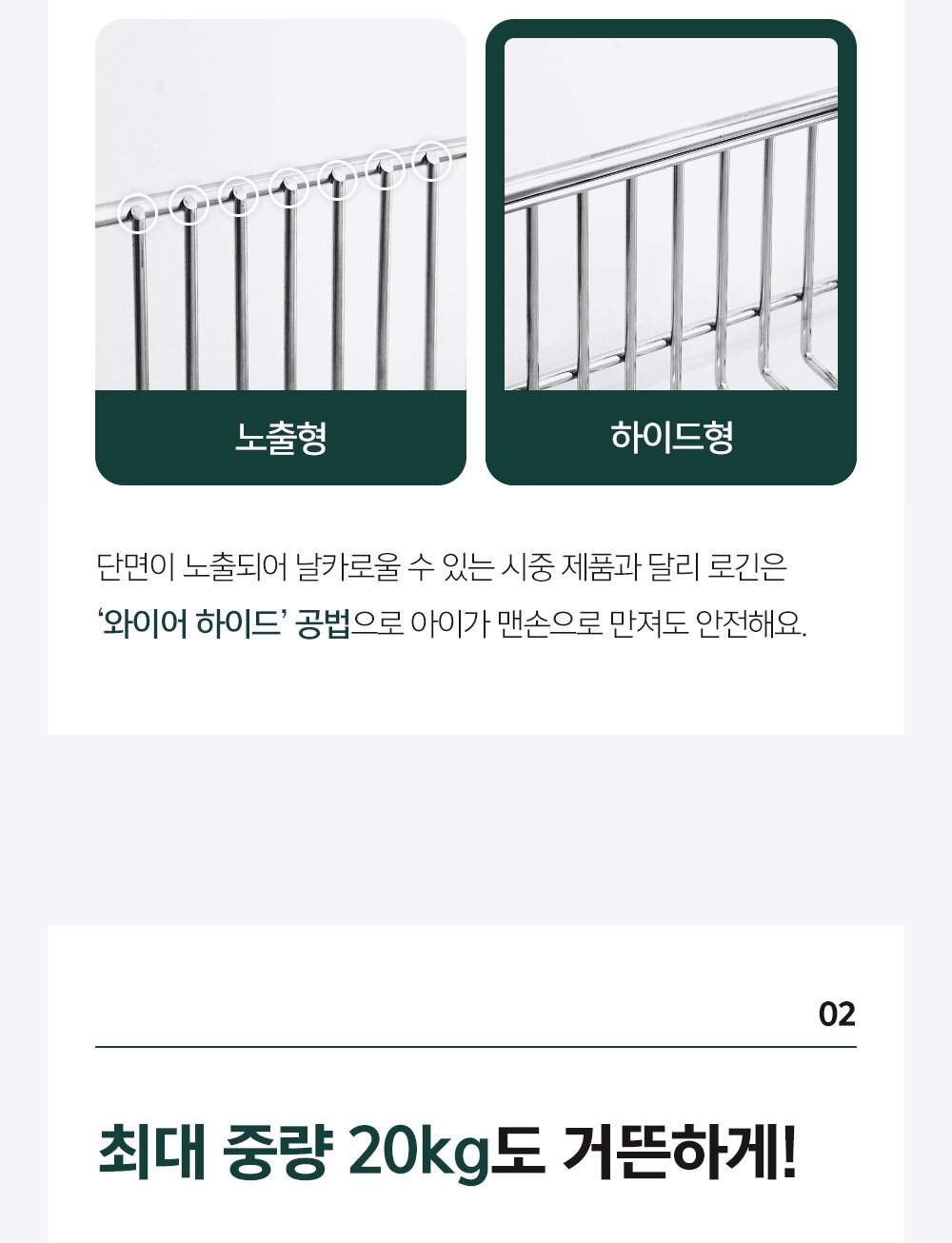 로긴 식기건조대의 와이어 마감과 하중 안내